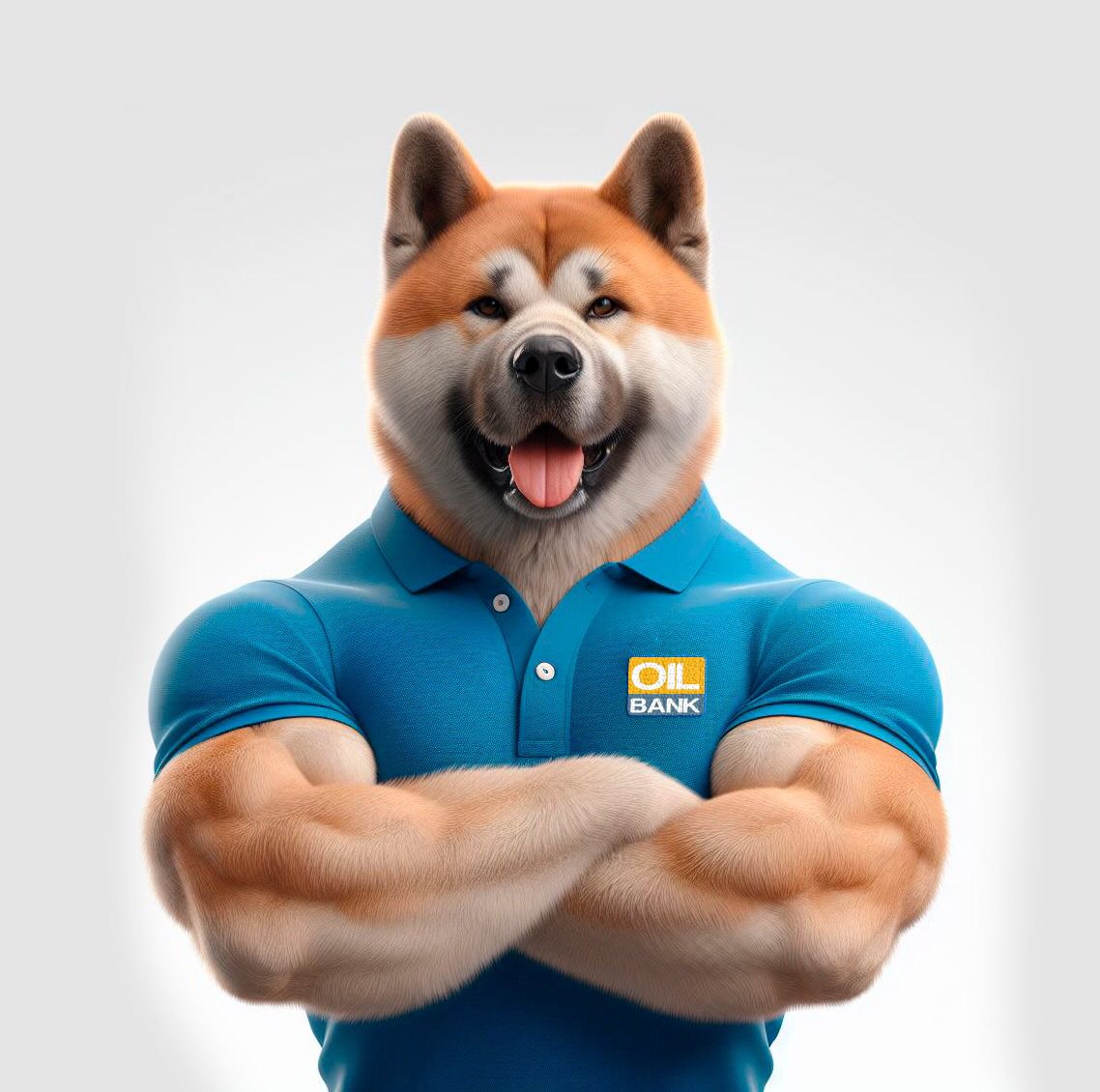 Banki, akita inu experto en lubricación de Oilbank, con polo azul y brazos cruzados